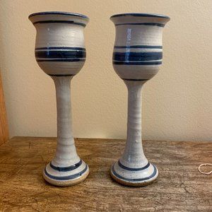 2 CERAMIC CANDLE HOLDERS BLUE AND GREY  #503